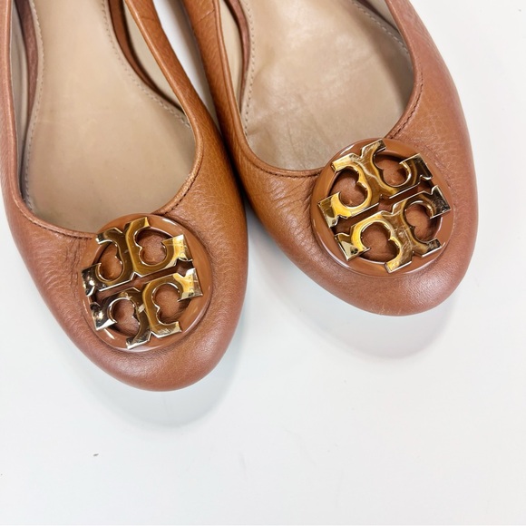 TORY BURCH Claire Ballet Flats Tan Brown Tumbled Leather Gold Logo Size 7 - Picture 9 of 10